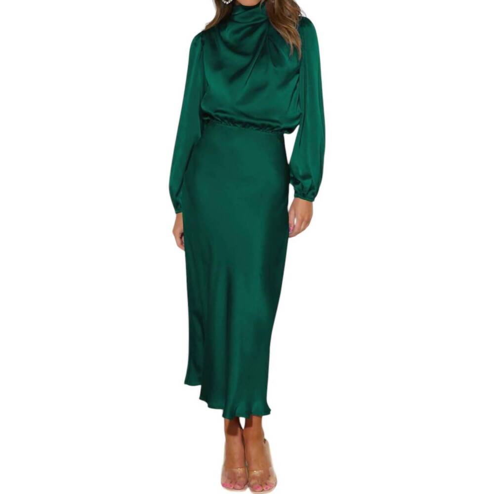 NEW LILY CLOTHING satin long sleeved midi dress in emerald